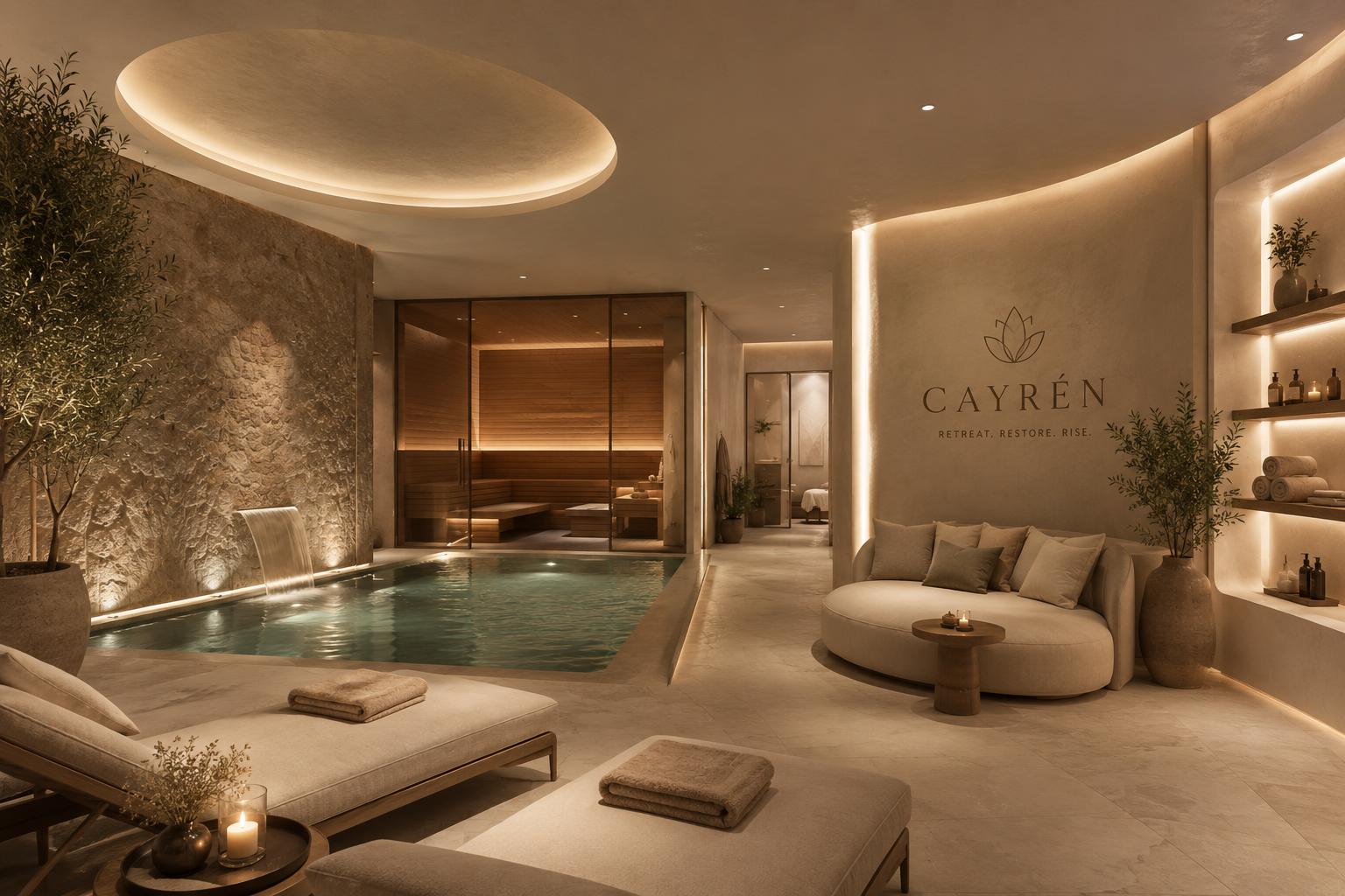 Luxuriöser CAYRÉN Spa-Bereich mit Naturstein, Wasser und warmem Licht
